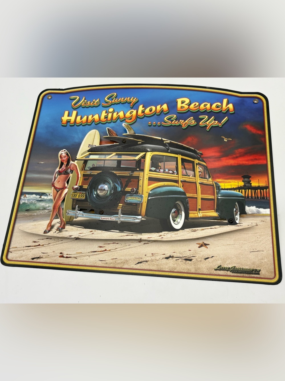 3-D Visit Sunny Huntington Beach Surfs Up Metal Sign - Woody Surfboard Art Print